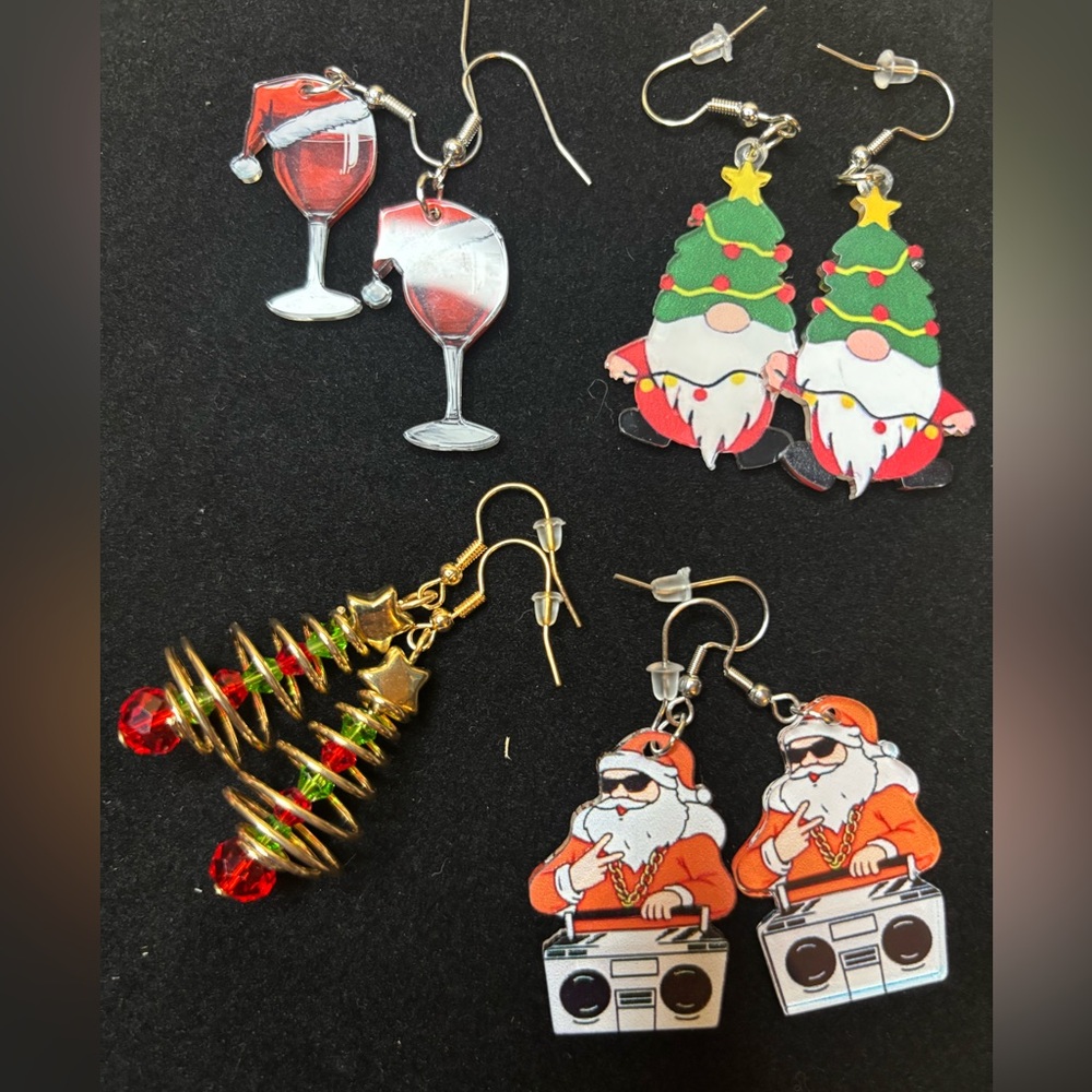 Festive Holiday Earrings Set - Santa, Gnome, Wine Glass, Christmas Tree